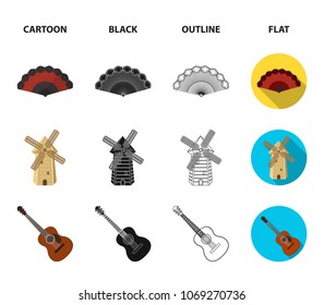 Fan Spanish, mill, guitar, skirt for national Spanish dances. Spain country set collection icons in cartoon,black,outline,flat style vector symbol stock illustration web.