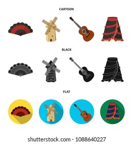 Fan Spanish, mill, guitar, skirt for national Spanish dances. Spain country set collection icons in cartoon,black,flat style vector symbol stock illustration web.