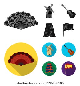 Fan Spanish, mill, guitar, skirt for national Spanish dances. Spain country set collection icons in black, flat style vector symbol stock illustration web.