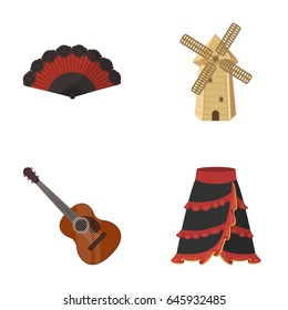 Fan Spanish, mill, guitar, skirt for national Spanish dances. Spain country set collection icons in cartoon style vector symbol stock illustration web.