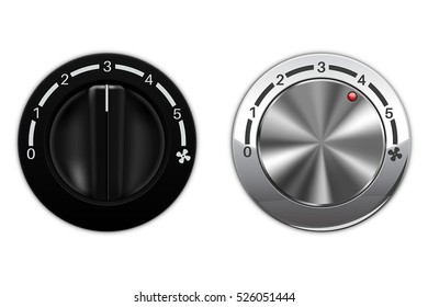 Fan speed switch. Black and silver metal. Car air conditioning. Vector illustration isolated on white background