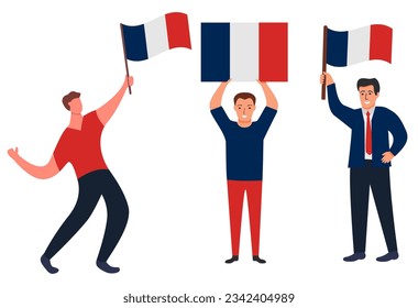 Fanático o jugador deportivo con la bandera francia. Francés con la bandera de Francia. Bandera del día de Francia. Fans hinchas de fútbol. Multitud celebrando el Día Nacional de Francia con una bandera.