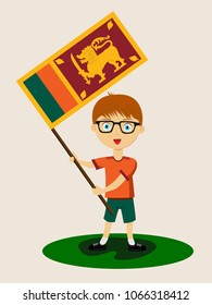 Fan of Sri Lanka national football, hockey, basketball team, sports. Boy with Sri Lanka flag in the colors of the national command with sports paraphernalia. Boy with Sri Lanka flag in the form