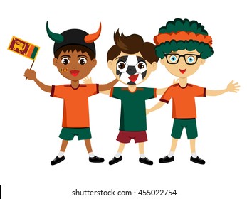 Fan of Sri Lanka national football team, sports. Boy with flag in the colors of the state command with sports paraphernalia.