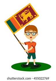 Fan of Sri Lanka national football team, sports. Boy with flag in the colors of the state command with sports paraphernalia.