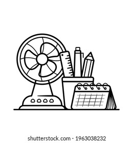 Fan, Study supplies, and Calendar. Table Supplies icon concept