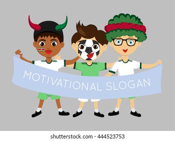 Fan of Surinam national football team, sports. Boy with flag in the colors of the national command with sports paraphernalia.