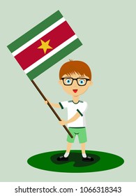 Fan of Suriname national football, hockey, basketball team, sport. Boy with Suriname flag in the colors of the national command with sports paraphernalia. Boy with Suriname flag in the form of a sport