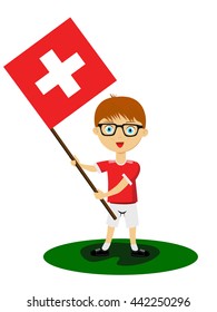 Fan of Switzerland, Switz. national football team, sports. Boy with flag in the colors of the national command with sports paraphernalia. 