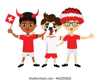 Fan of Switzerland, Switz. national football team, sports. Boy with flag in the colors of the national command with sports paraphernalia. 