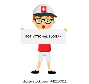 Fan of Switzerland, Switz. national football team, sports. Boy with flag in the colors of the national command with sports paraphernalia. 