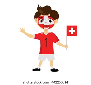 Fan of Switzerland, Switz. national football team, sports. Boy with flag in the colors of the national command with sports paraphernalia. 