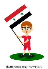 Fan of Syria national football team, sports. Boy with flag in the colors of the state command with sports paraphernalia.