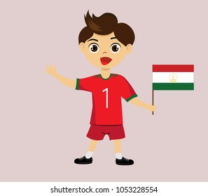 Fan Of Tajikistan National Football, Hockey, Basketball Team, Sports. Boy With Tajikistan Flag In The Colors Of The National Command With Sports Paraphernalia. Boy With Tajikistan Flag In The Form