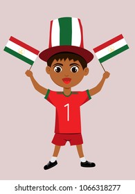 Fan Of Tajikistan National Football, Hockey, Basketball Team, Sports. Boy With Tajikistan Flag In The Colors Of The National Command With Sports Paraphernalia. Boy With Tajikistan Flag In The Form