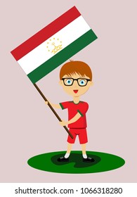 Fan Of Tajikistan National Football, Hockey, Basketball Team, Sports. Boy With Tajikistan Flag In The Colors Of The National Command With Sports Paraphernalia. Boy With Tajikistan Flag In The Form