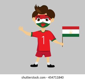 Fan of  Tajikistan national football team, sports. Boy with flag in the colors of the state command with sports paraphernalia.