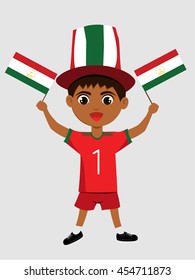 Fan of  Tajikistan national football team, sports. Boy with flag in the colors of the state command with sports paraphernalia.