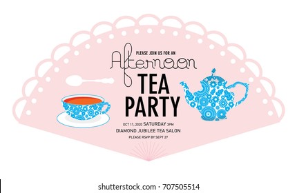 Fan Tea Party Invitation Card Template Vector/illustration