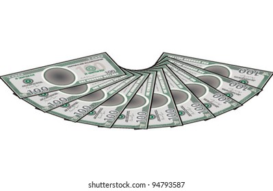 A fan of ten 100 dollar notes. Stylized money.