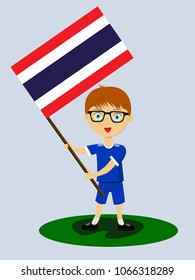 Fan of Thailand national football, hockey, basketball team, sport. Boy with Thailand flag in the colors of the national command with sports paraphernalia. Boy with Thailand flag in the form of a sport
