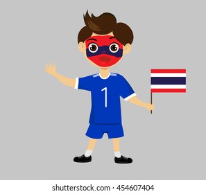 Fan of  Thailand national football team, sports. Boy with flag in the colors of the national command with sports paraphernalia.