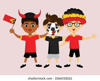 Fan of Timor Leste national football, hockey, basketball team, sports. Boy with Timor Leste flag in the colors of the national command with sports paraphernalia. Boy with Timor Leste flag in the form