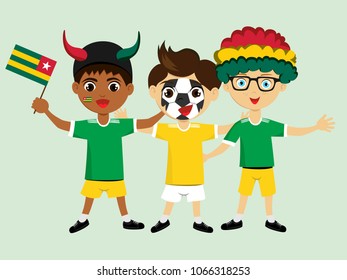 Fan of Togo national football, hockey, basketball team, sports. Boy with Togo flag in the colors of the national command with sports paraphernalia. Boy with Togo flag in the form of a sport.