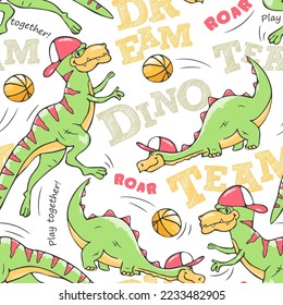 Diseño de camisetas de ventilador para niños.Patrón de dinosaurios sin fisuras vectores. Un jugador de baloncesto de dinosaurio está genial jugando con la pelota. Ilustración artística. Impresión vectorial. Ilustración de moda para ropa