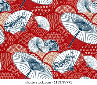 fan unbrella traditional kimono pattern flowery vector sketch illustration line art japanese chinese oriental design