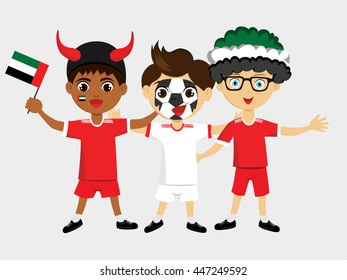 Fan of United Arab Emirates national football team, sports. Boy with flag in the colors of the national command with sports paraphernalia.