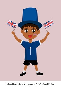 Fan of United Kingdom national football, hockey, basketball team, sports. Boy with United Kingdom flag in the colors of the national command with sports paraphernalia. Boy with United Kingdom flag