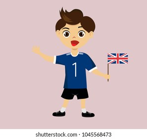 Fan of United Kingdom national football, hockey, basketball team, sports. Boy with United Kingdom flag in the colors of the national command with sports paraphernalia. Boy with United Kingdom flag