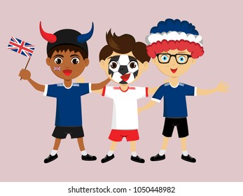 Fan of United Kingdom national football, hockey, basketball team, sports. Boy with United Kingdom flag in the colors of the national command with sports paraphernalia. Boy with United Kingdom flag