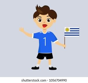 Fan of Uruguay national football, hockey, basketball team, sports. Boy with Uruguay flag in the colors of the national command with sports paraphernalia. Boy with Uruguay flag in the form of a sport.