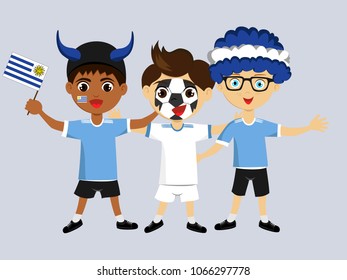 Fan of Uruguay national football, hockey, basketball team, sports. Boy with Uruguay flag in the colors of the national command with sports paraphernalia. Boy with Uruguay flag in the form of a sport.