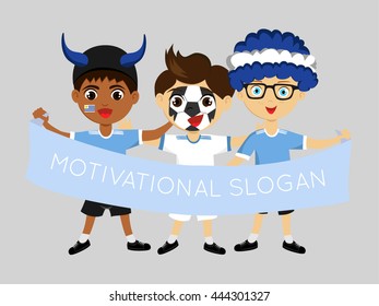 Fan of Uruguay national football team, sports. Boy with flag in the colors of the national command with sports paraphernalia.