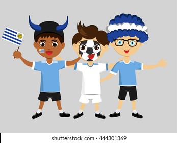 Fan of Uruguay national football team, sports. Boy with flag in the colors of the national command with sports paraphernalia.