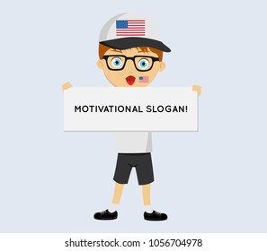 Fan of USA national football, hockey, basketball team, sports. Boy with USA flag in the colors of the national command with sports paraphernalia. Boy with USA flag in the form of a sport.