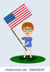 Fan of USA national football, hockey, basketball team, sports. Boy with USA flag in the colors of the national command with sports paraphernalia. Boy with USA flag in the form of a sport.