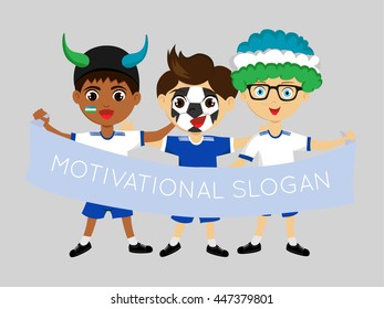 Fan of Uzbekistan national football team, sports. Boy with flag in the colors of the national command with sports paraphernalia.
