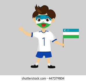 Fan of Uzbekistan national football team, sports. Boy with flag in the colors of the national command with sports paraphernalia.
