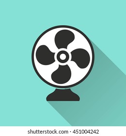 Fan vector icon with long shadow. White illustration isolated on green background for graphic and web design.