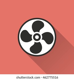 Fan vector icon with long shadow. IIllustration isolated on red background for graphic and web design.