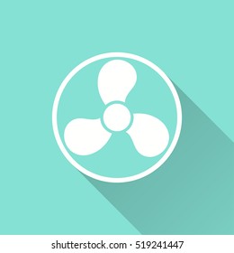 Fan vector icon with long shadow. White illustration isolated on green background for graphic and web design.