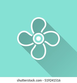 Fan vector icon with long shadow. White illustration isolated on green background for graphic and web design.