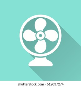 Fan vector icon with long shadow. White illustration isolated on green background for graphic and web design.