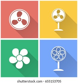 Fan vector icon with long shadow. White illustration isolated on color background for graphic and web design.