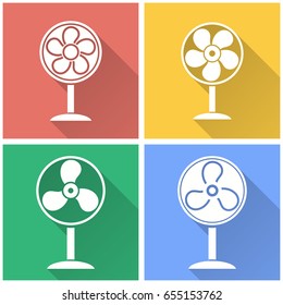 Fan vector icon with long shadow. White illustration isolated on color background for graphic and web design.