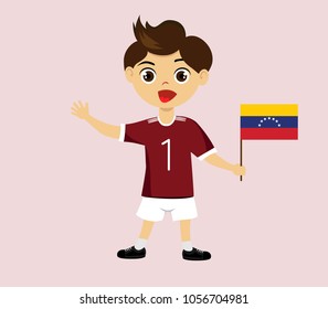 Fan of Venezuela national football, hockey, basketball team, sports. Boy with Venezuela flag in the colors of the national command with sports paraphernalia. Boy with Venezuela flag in the form